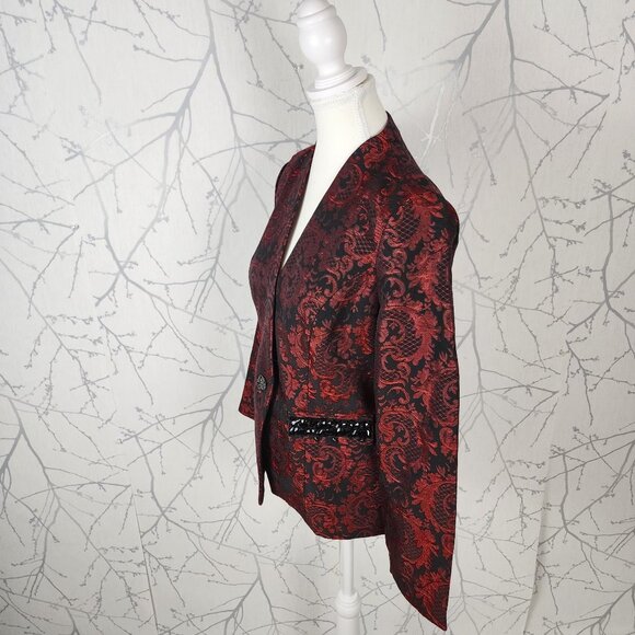 Chico's Red Black Floral Brocade Jewel Pocket Blazer - Picture 5 of 9